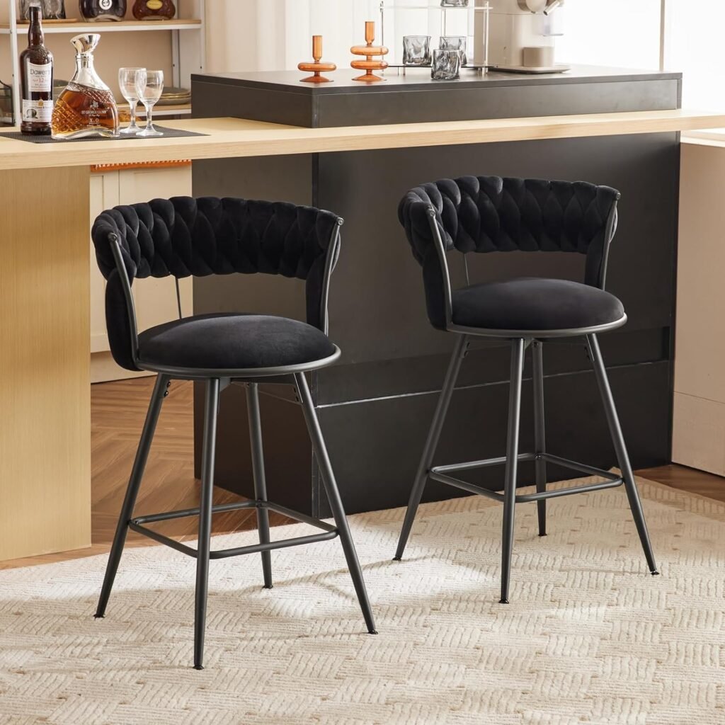 26 inch Bar Stool Set of 2, 360° Swivel Counter Barstool with Backrest, Upholstered Velvet Hand-Woven Barstool, Modern Bar Chair with Footrest Black