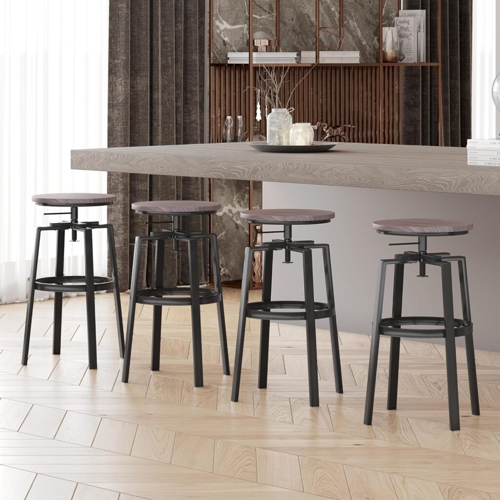 28-32 inch Adjustable Height Swivel Bar Stool，Set of 4 Bistro Seats with Wood Barstools，Pub Height Stools Round Bar Chairs with Footrest，Bar Stools for Kitchen Island Breakfast Bar Stools
