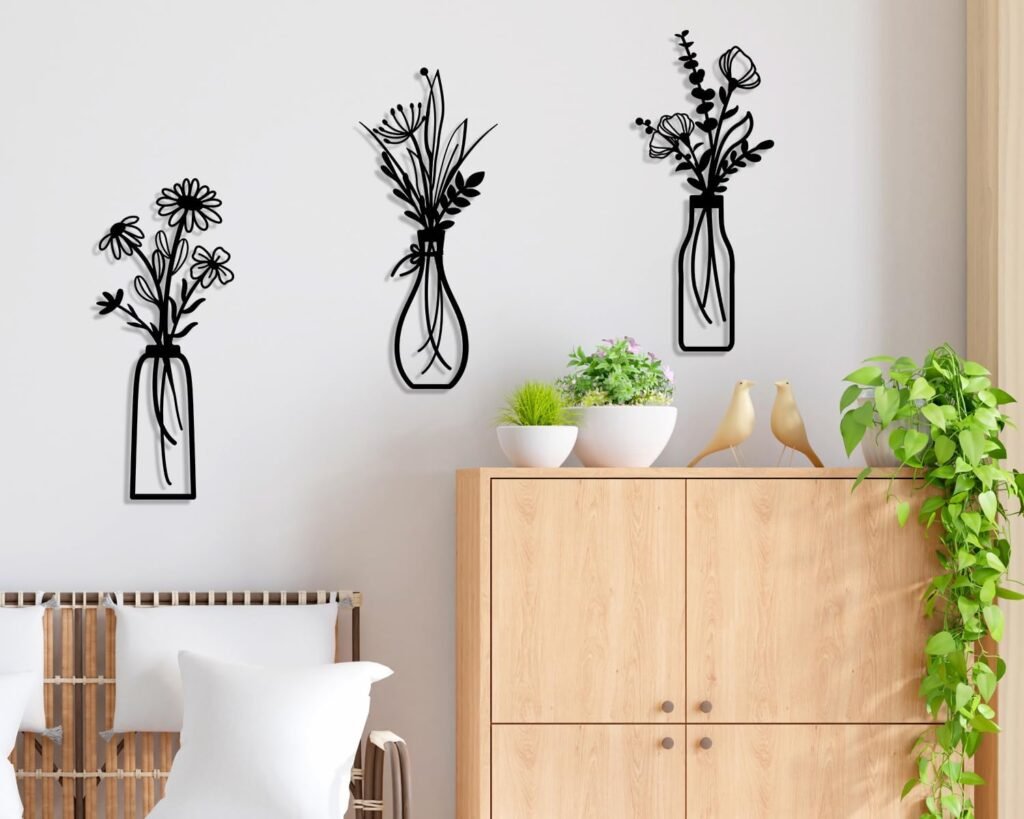 3 Pieces Metal Vase Flowers Wall Arts - Rustic Farmhouse Style Décor Metal Wall Art Black Minimalist Flower Natural Themed Wall Decors for Home Bedroom Dining Room Housewarming (Flower Vase)