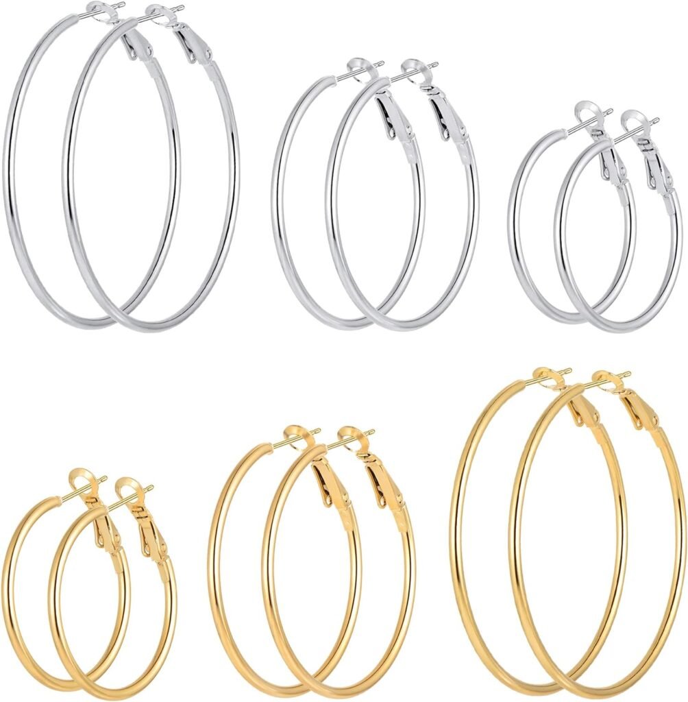 6 Pairs Stainless Steel gold silver Plated Hoop Earrings for Women Girls, Hypoallergenic Hoops Womens Earrings Loop Earrings Set
