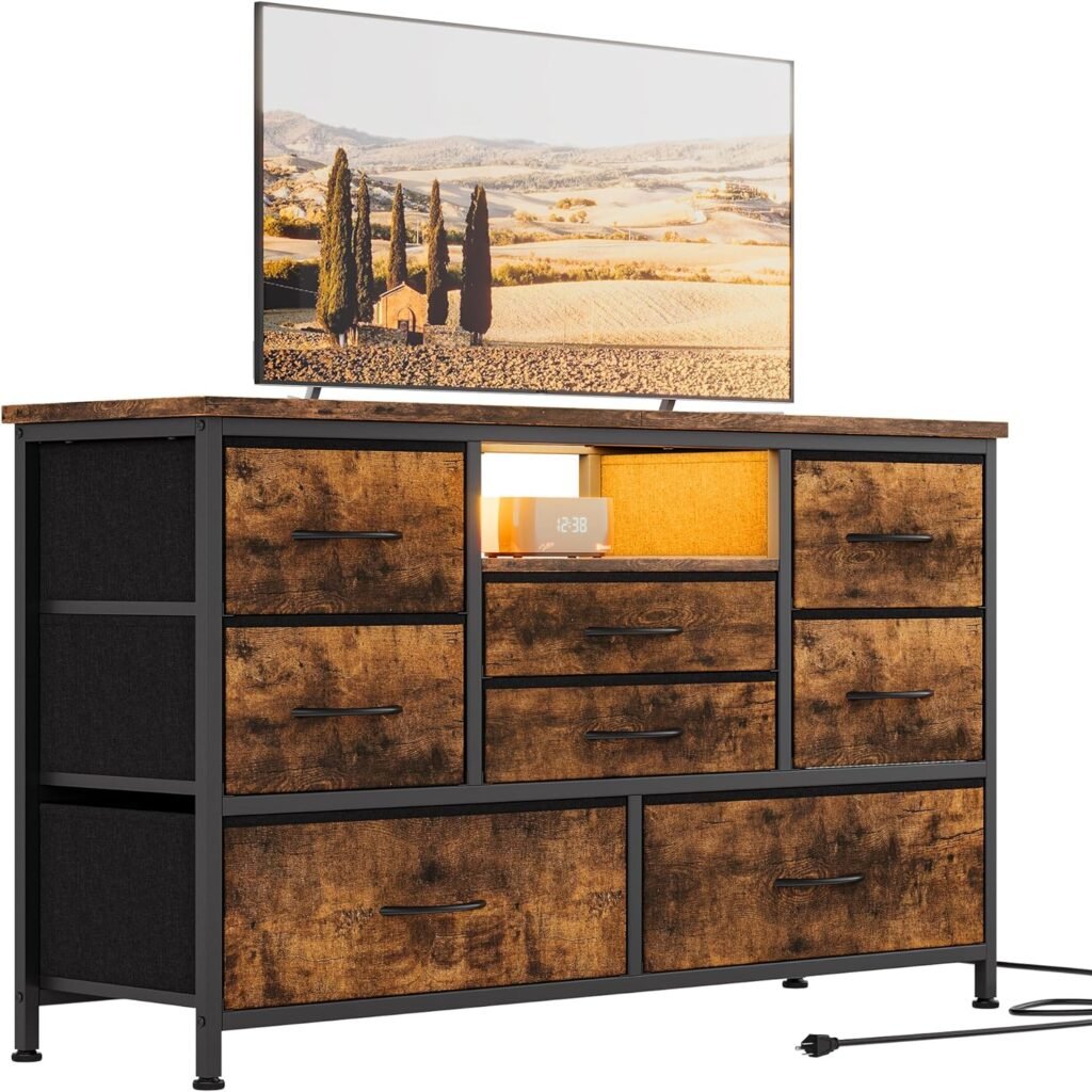 8 Dresser TV Stand with Power Outlet  LED for 55 TV, Long Dresser for Bedroom with 8 Deep Drawers, Wide Console Table for Storage in Closet, Living Room, Entryway, Wood Top