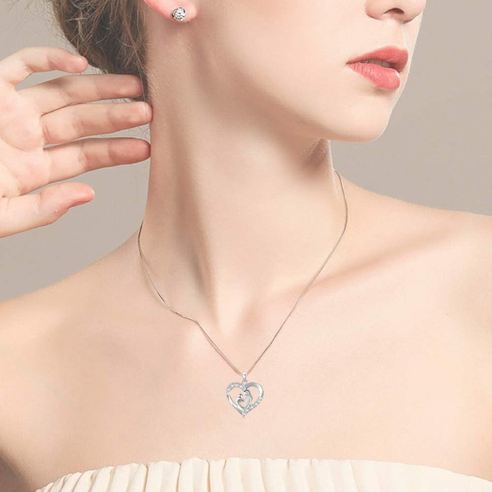 925 Sterling Silver Mother and Child Love Heart Pendant Necklace Mom Daughter Jewelry Gifts for Women