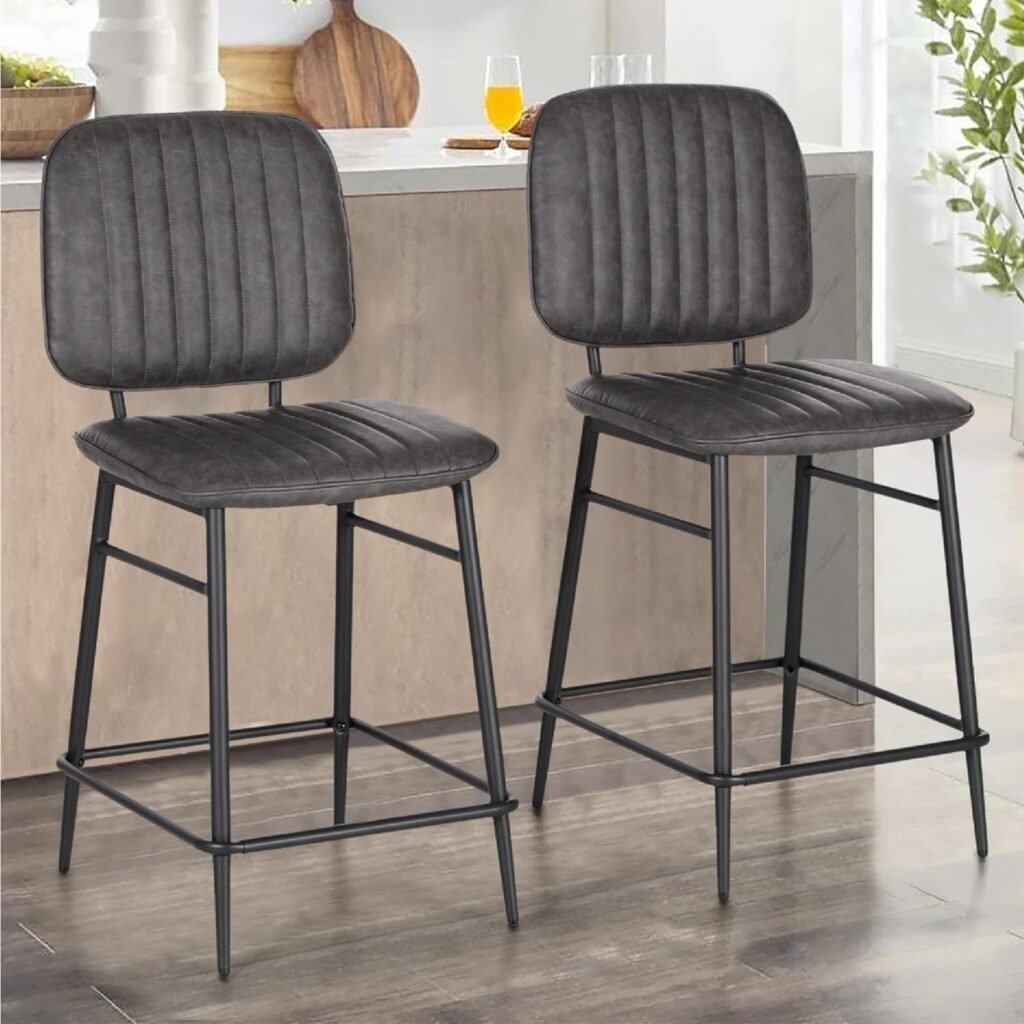 ALPHA HOME Bar Stools Set of 2, Counter Stools with High Back, Modern Upholstered Cushion Barstools Chair with Metal Frame for Kitchen Dining Cafe Indoor, 24 Inch, Dark Grey, 2PCS