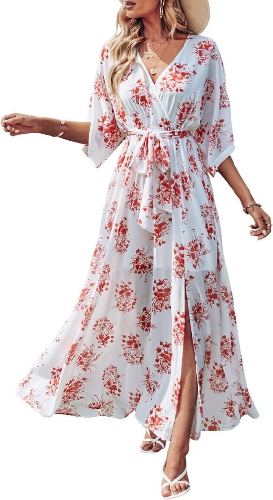 anrabess womenrsquos summer loose kimono maxi dress wrap v neck 34 sleeve floral print slit long dresses