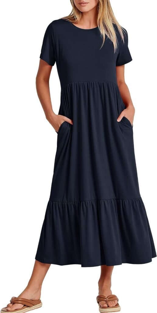 ANRABESS Womens Summer Casual Short Sleeve Crewneck Swing Dress Flowy Tiered Maxi Beach Dress with Pockets