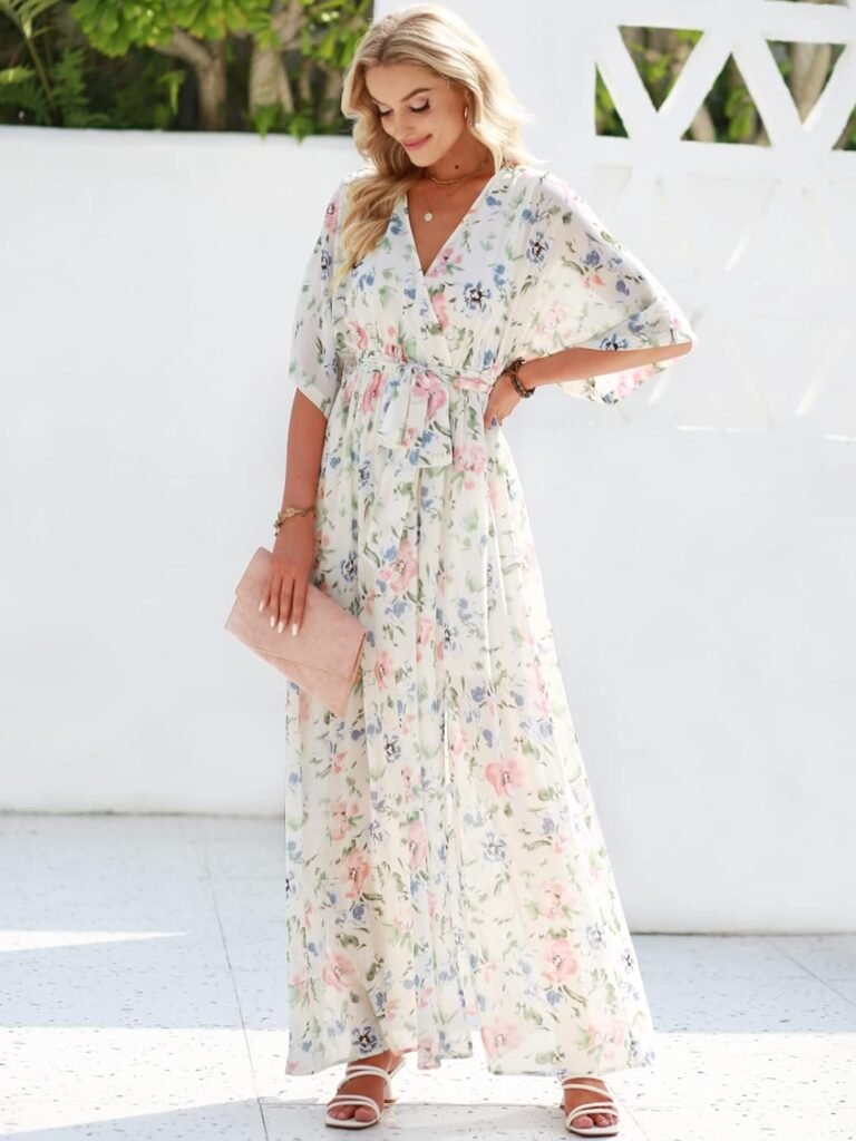 ANRABESS Women’s Summer Loose Kimono Maxi Dress Wrap V Neck 3/4 Sleeve Floral Print Slit Long Dresses