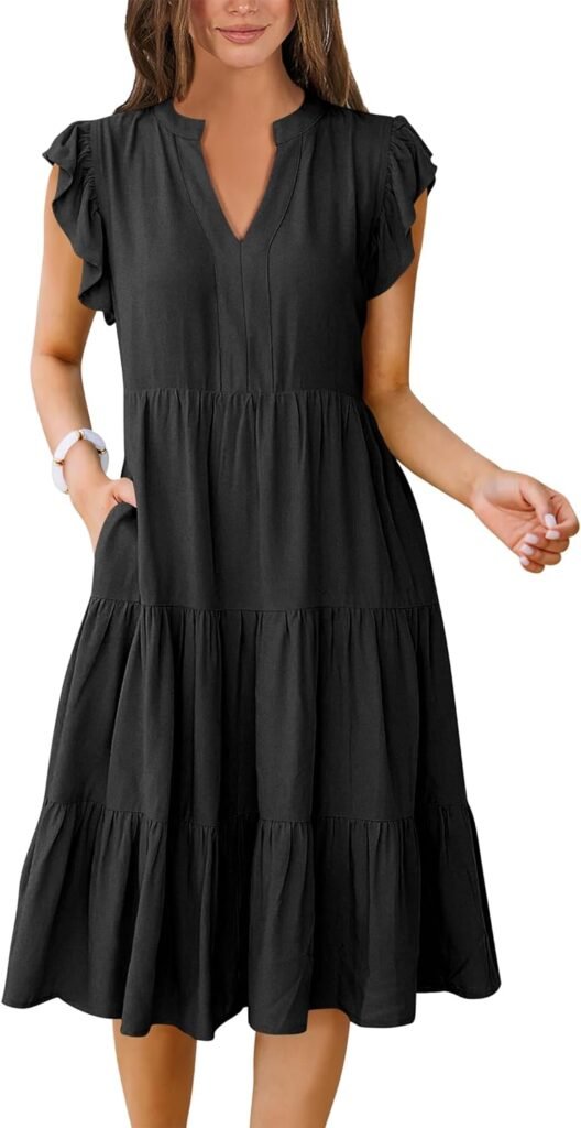 ANRABESS Womens Summer Ruffle Sleeve V Neck Midi Dress 2024 Fashion Casual Fit Flowy Tiered Boho Beach Sundress