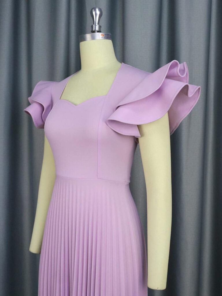 AOMEI Womens Light Purple Square Collar Ruffles Sleeve Pleated Elegant Midi Dress