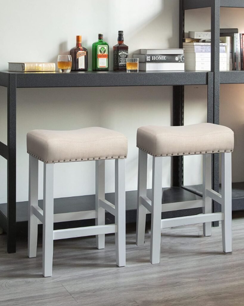 Bar Stools Set of 2 Solid Wood Kitchen Stools with Fabric Soft Cushion Counter Height Bar Stools for Indoor 2PCS (White)
