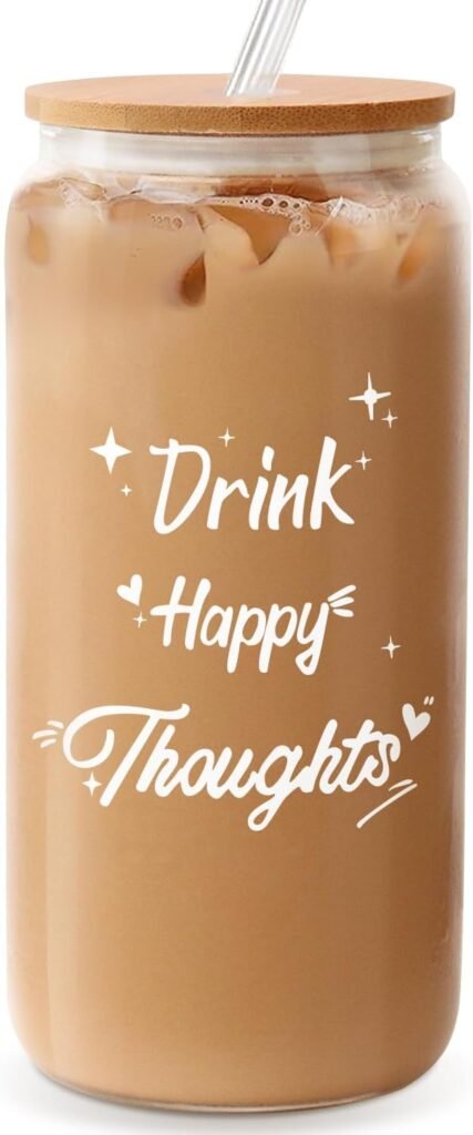 Birthday Gifts for Women, Funny Thank You Thinking of You Get Well Soon Drink Happy Thoughts Can Glass Cup with Straw  Bamboo Lid for her, Girlfriend, Friends, Wife, Mom, Bestie, Daughter, Sister