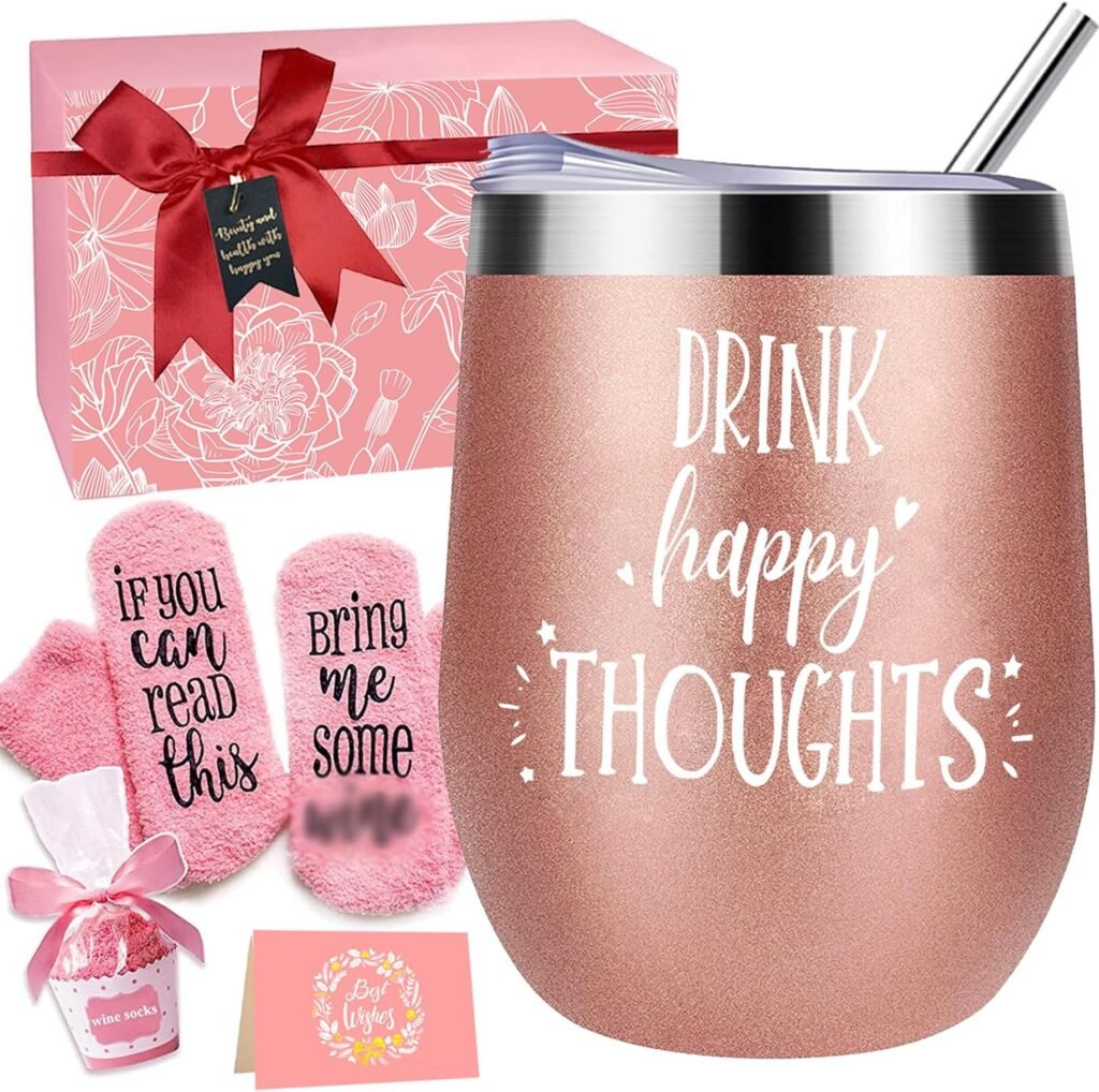 Birthday Gifts Set for Women Best Friends - Gifts for Her - Drink Happy Thoughts Wine Tumbler Mug Gifts for Girlfriend, Wife, Mom, Coworkers, Daughter, Sister, Aunt, 12 oz