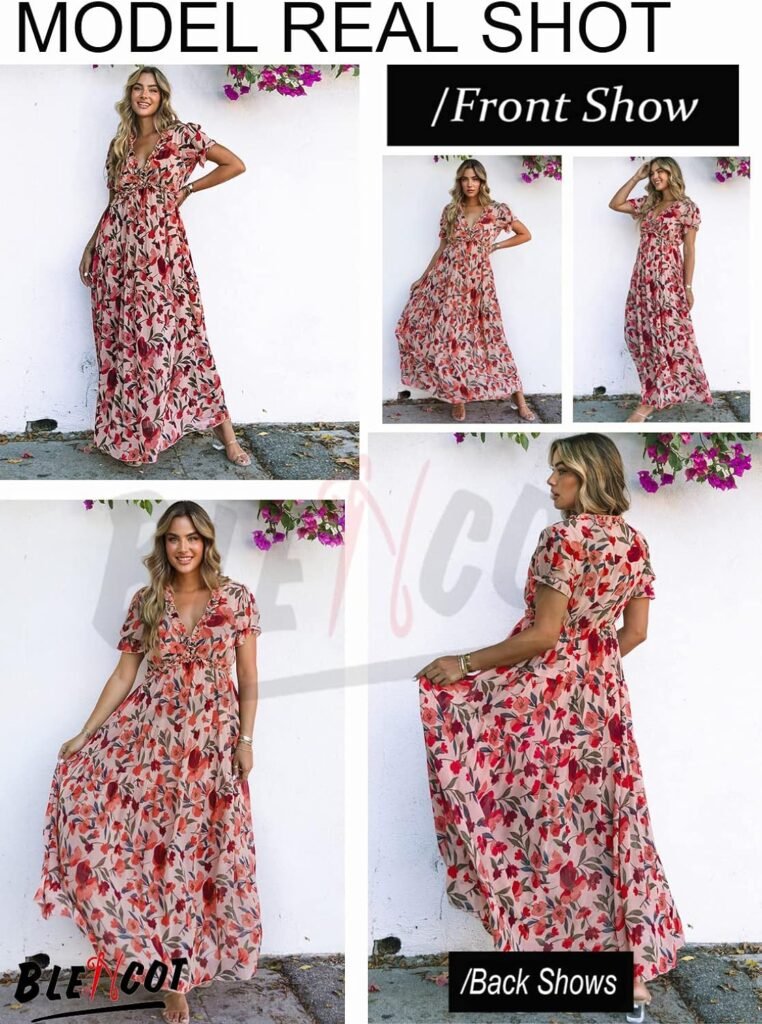 BLENCOT Womens Casual Short Sleeve Boho Floral Printed V Neck Long Dress Ruched Cocktail Party Maxi Wedding Dresses