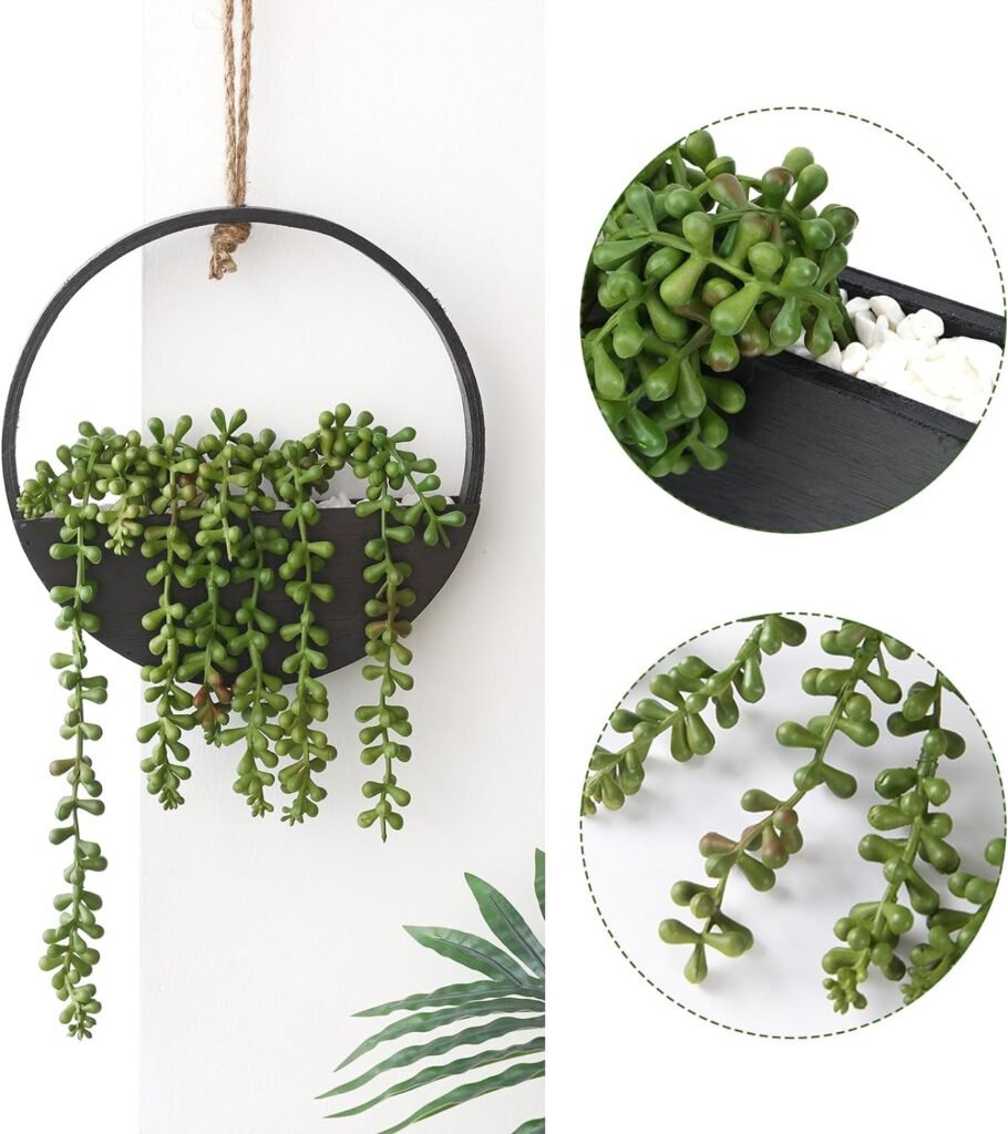 CEWOR Artificial Succulents Hanging Plants 2pcs Fake String of Pearls in Pot with Lanyard for Indoor Outdoor Wall Boho Wall Decor