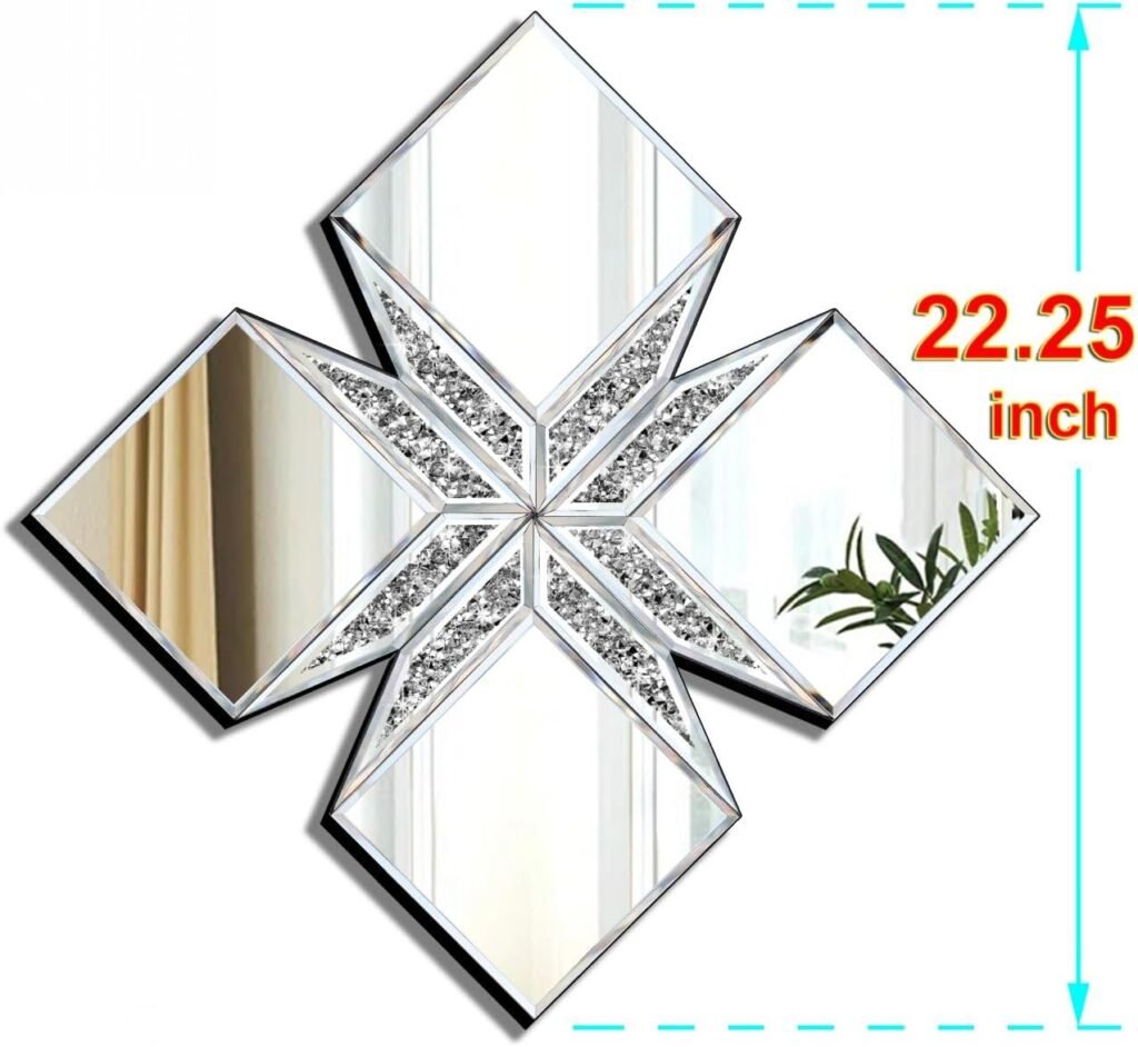 Crushed Diamond Decorative Mirror 22.25x22.25” Diamond Shape Glass Wall Mirror for Home Decoration, Exquisite Accent Wall Decor