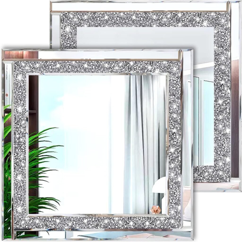 Crystal Crush Diamond Silver Mirror 12 x 12 2PCS,Frameless Stylish Gorgeous Diamond Decor Glam Glass Mirror. for Bedroom Bathroom Hanging Mirror Home for Wall Decor.