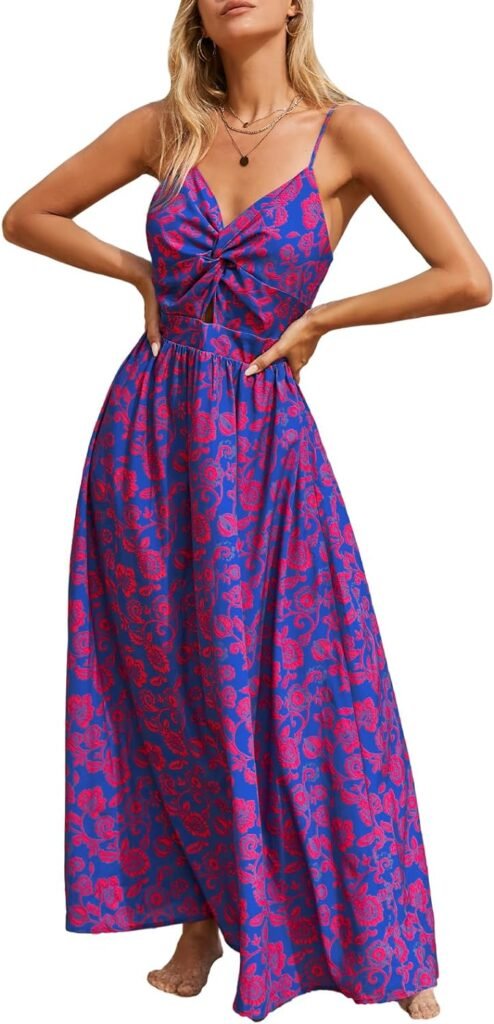 CUPSHE Womens Maxi Dress Floral Print Twisted V Neck Sleeveless Long Dress Summer Casual Dress