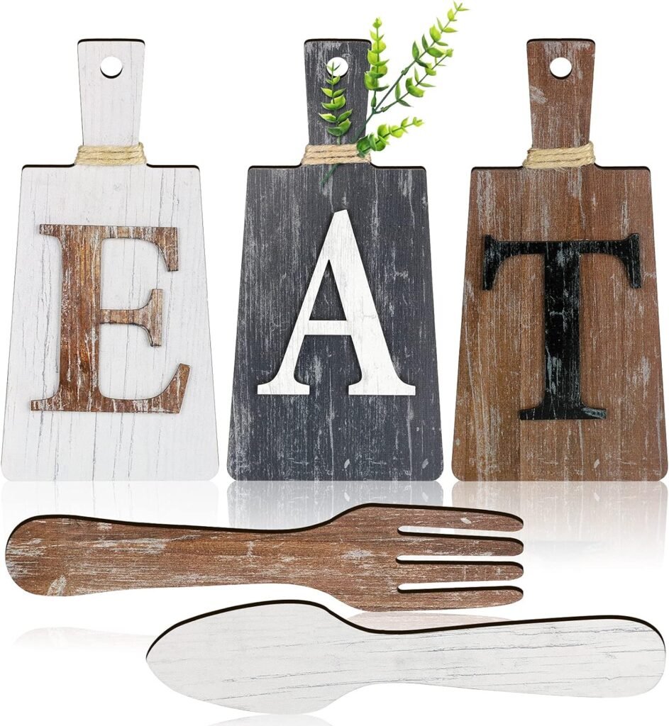 Cutting Board Eat Sign Set Hanging Art Kitchen Eat Sign Fork and Spoon Wall Decor Rustic Primitive Country Farmhouse Kitchen Decor for Kitchen and Home Decoration (Gray, White, Brown)