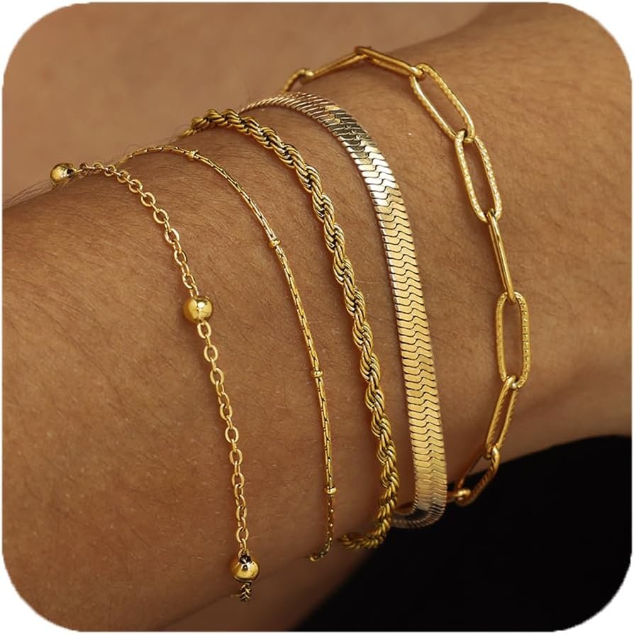 Dainty Gold Bracelets for Women  Girls, Adjustable Stackable Gold Chain Bracelet Set, 18K Gold Plated Women Trendy Jewelry Layered Link Bracelets