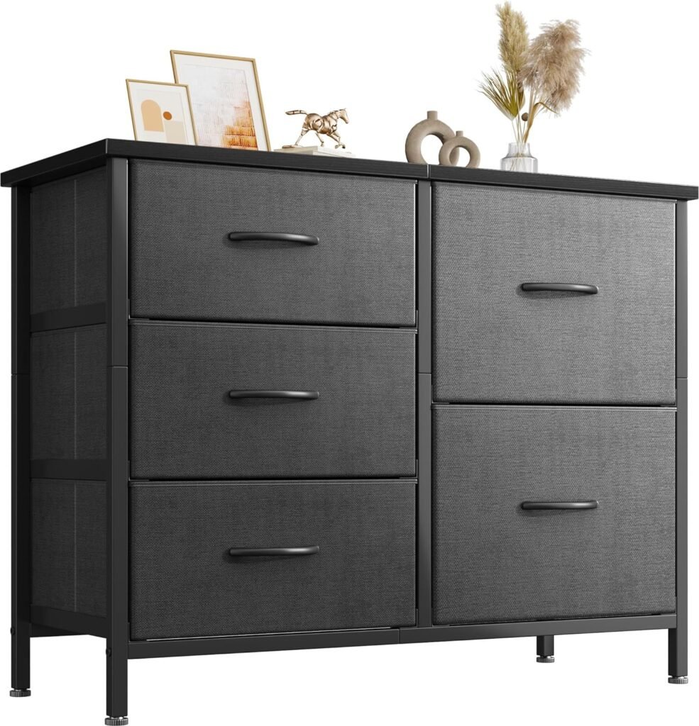 Dresser for Bedroom Dresser TV Stand with 5 Storage Drawers, Small Fabric Dresser Chest of Drawers for Closet Organizer Clothes, Dark Grey