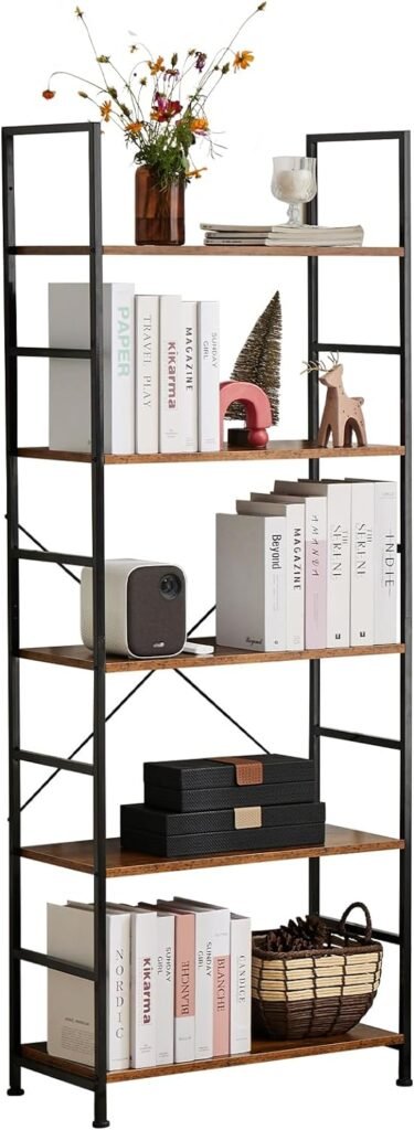 DUMOS 5 Tiers Bookshelf, Tall Bookcase Storage Shelves Organizer, Classically Modern Book Shelf for CDs/Movies/Books, Industrial Book Shelves for Home Office, Living Room, Kitchen, Bedroom, Brown