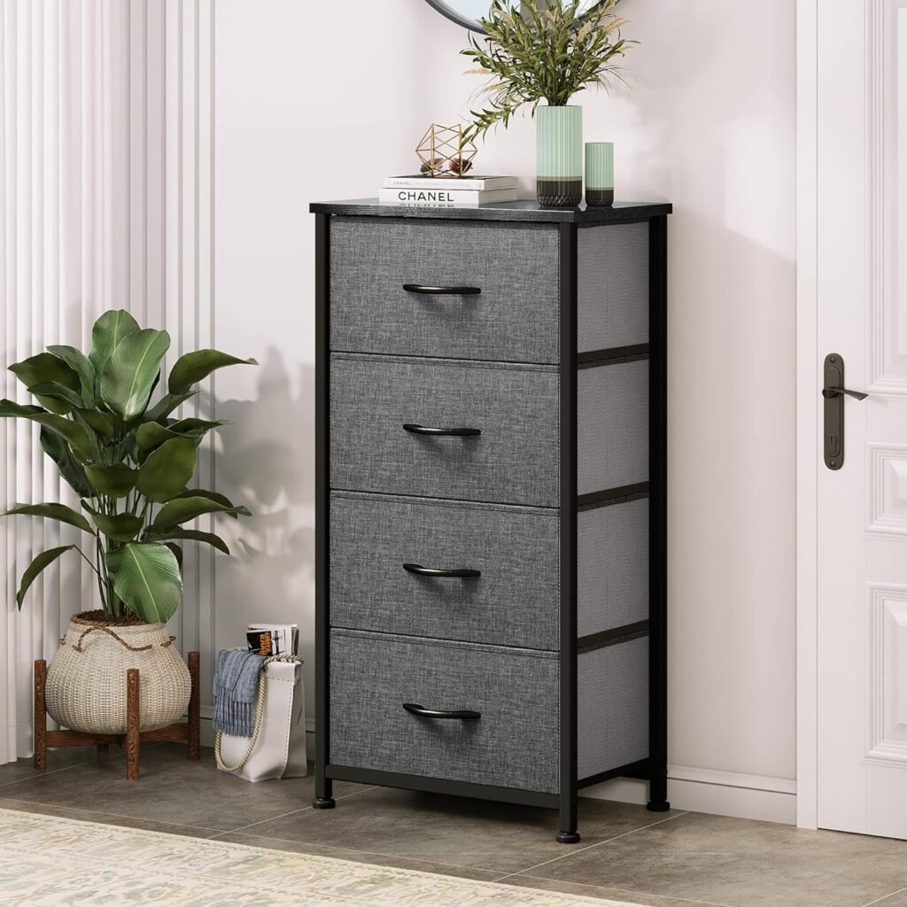 DWVO Storage Tower with 4 Drawers - Fabric Dresser, Organizer Unit for Bedroom, Living Room, Closets - Sturdy Steel Frame, Easy Pull Fabric Bins  Wooden Top