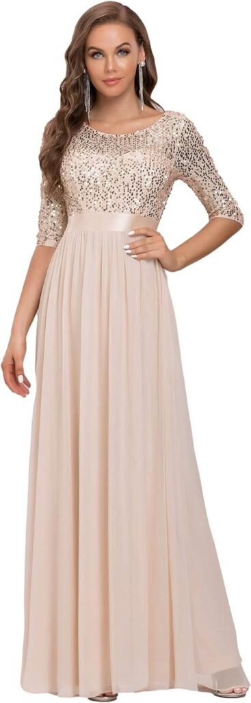 Ever-Pretty Womens Elegant A Line Crew Neck Half Sleeve Sequin Maxi Evening Dress 00683