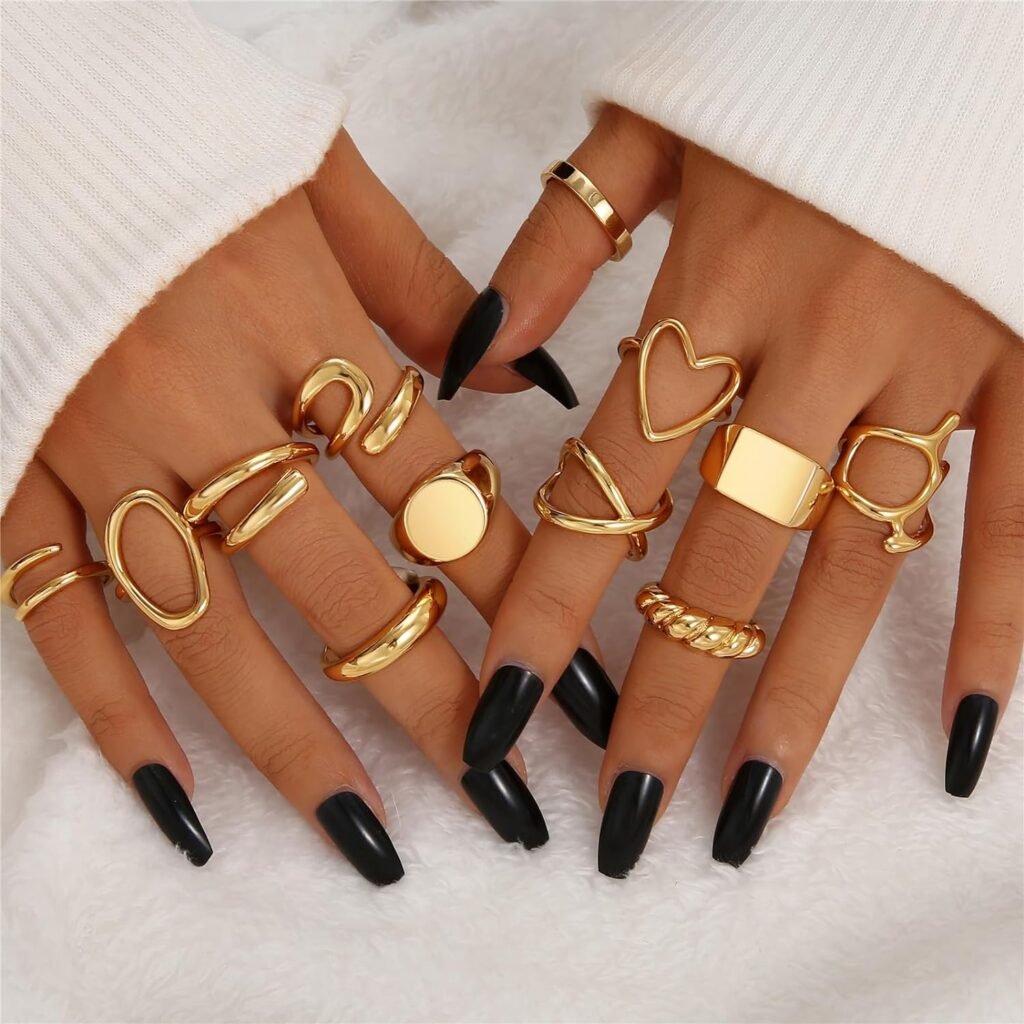 FAXHION 12PCS Gold Stackable Rings Set for Women, 18K Gold Plated Open Stacking Knuckle Ring, Adjustable Chunky Signet Rings for Gift