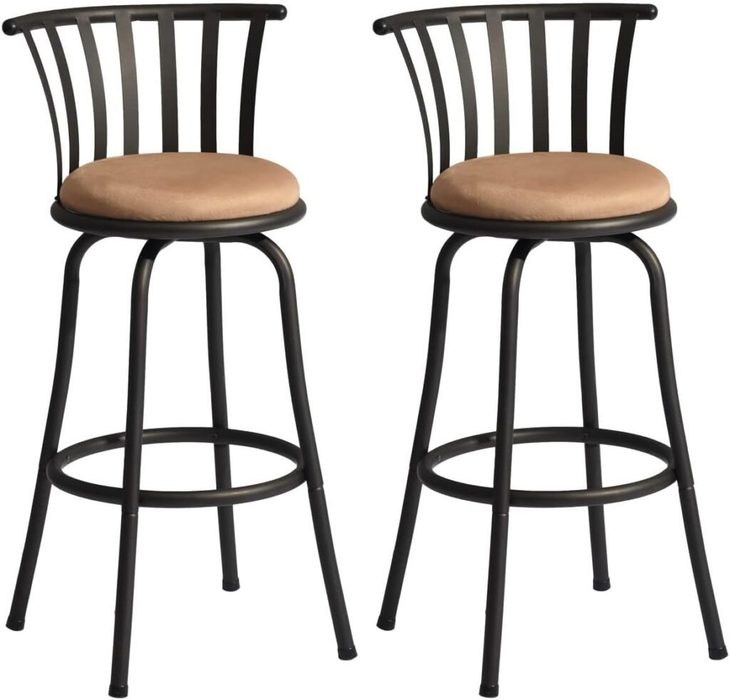 FurnitureR 24 INCH Country Style Industrial Counter Bar Stools Set of 2, Swivel Barstools with Metal Back, with Fabric Seat and Footrest for Indoor Bar Dining Kitchen, Brown