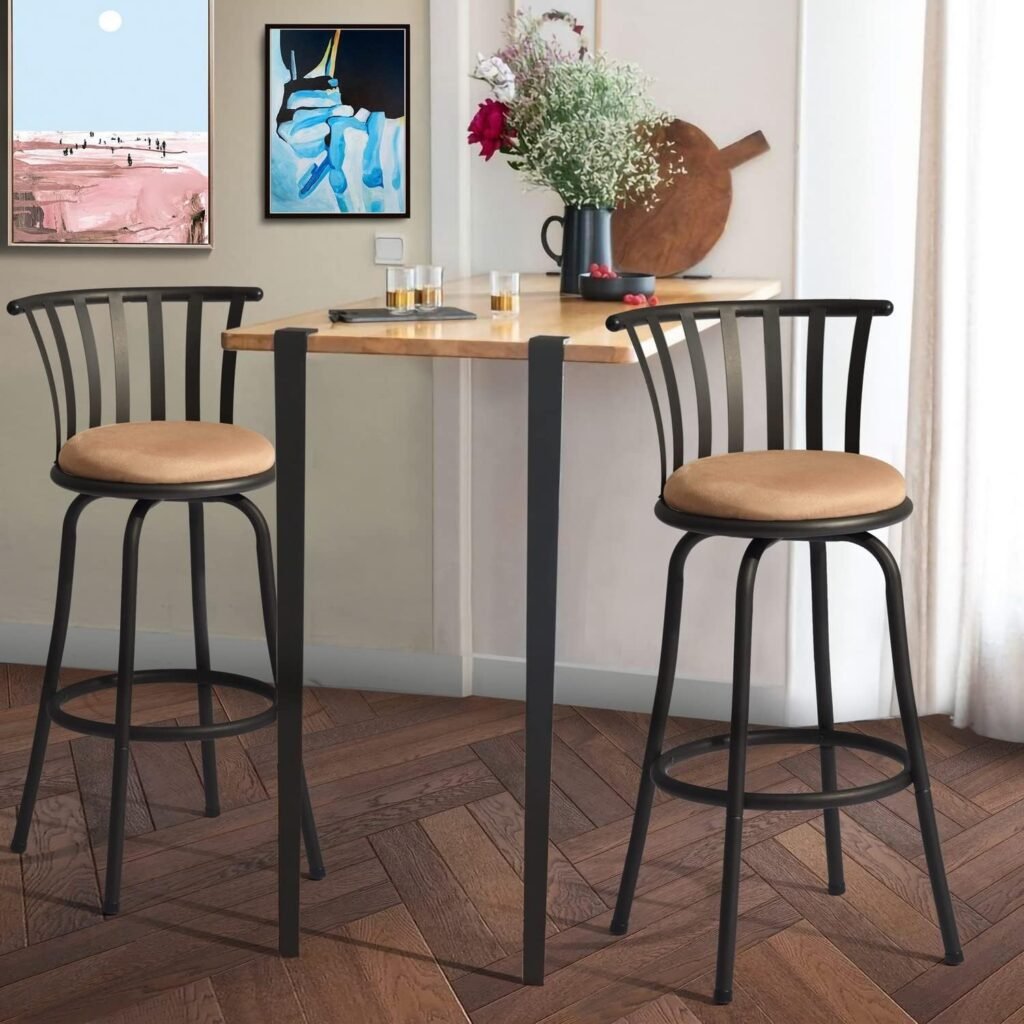 FurnitureR 29 INCH Country Style Industrial Counter Bar Stools Set of 2, Swivel Barstools with Metal Back, with Fabric Seat and Footrest for Indoor Bar Dining Kitchen