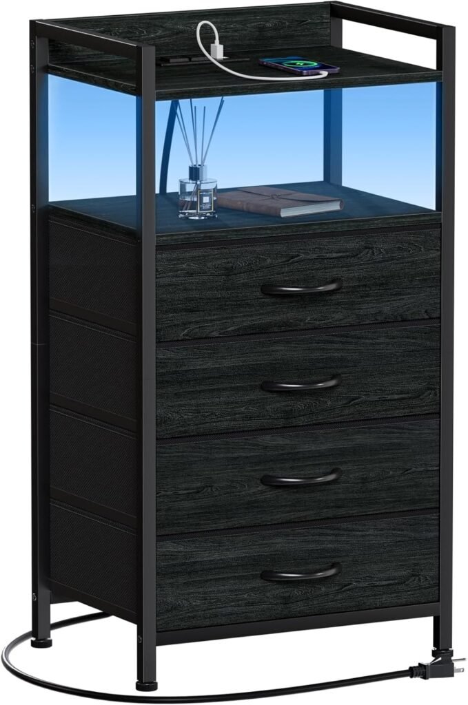 Furnulem 4 Drawer Nightstand with Shelf, Tall Black Dresser for Bedroom with Led Light and Charging Station, Bed Side Table for Living Room, Fabric Storage Bins, Metal Frame, Wood Furniture