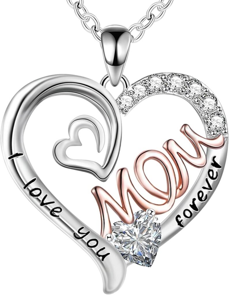 GemJelry Mothers Necklace Gifts for Mom from Daughter Son, I Love You Mom Necklace Heart Pendant Rhinestone Jewelry with Box Birthday Mothers Day Gifts for Women