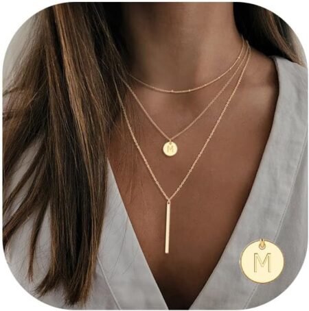 gold initial layered necklaces for women 14k gold plated coin letter necklace skinny bar stacking necklace coin necklace