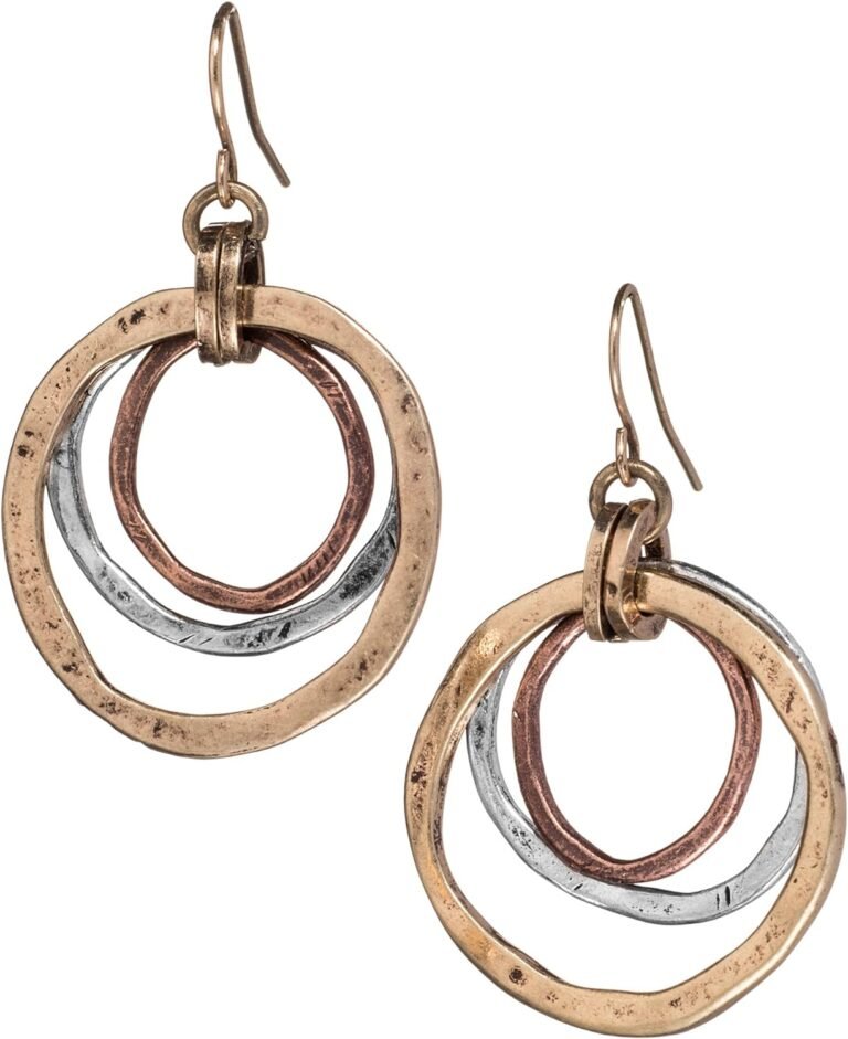 handmade sunrise tricolor dangle earrings burnished circles copper brass and silverplated
