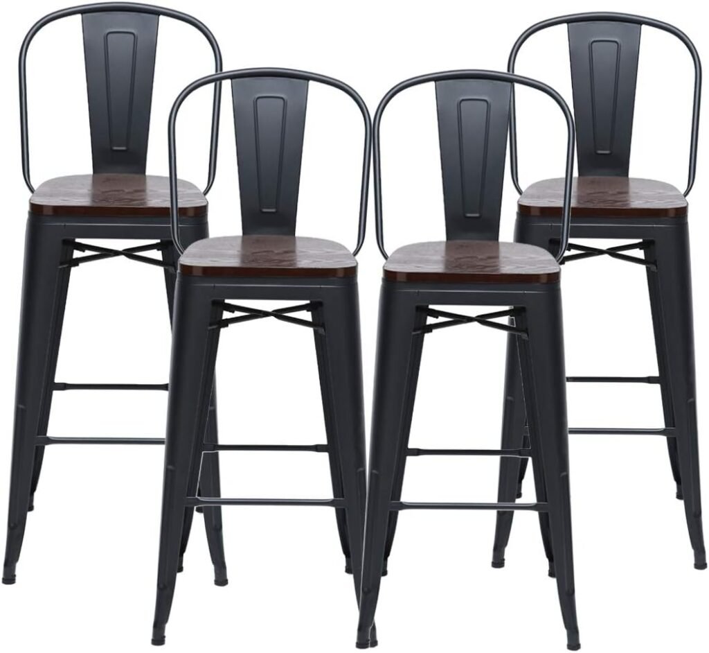 HAOBO Home 26 High Back Metal Counter Stool Height Bar Stools with Wooden Seat [Set of 4], Black
