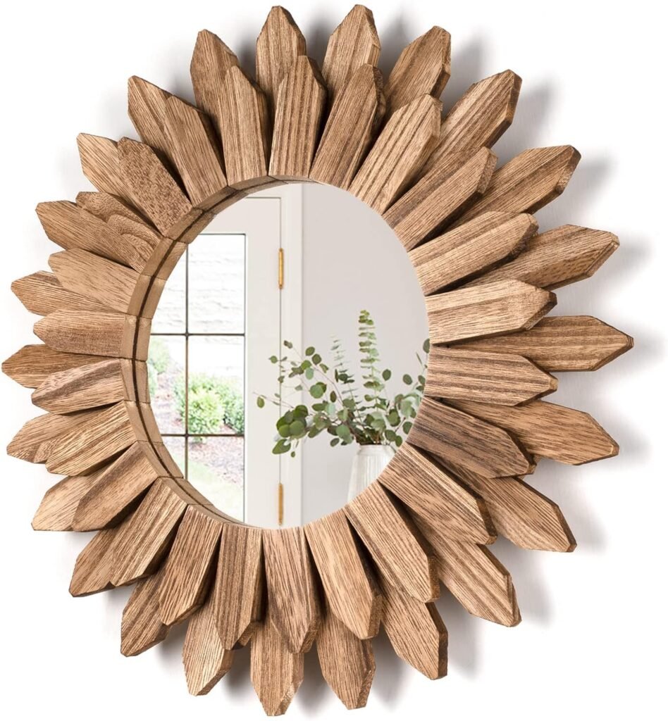 Honiway Wall Mirror Decorative 12 inch Rustic Wood Mirror Sunburst Boho Mirror for Entryway Bedroom Living Room Bathroom House Warming Gifts New Home Essential Carbonized Black
