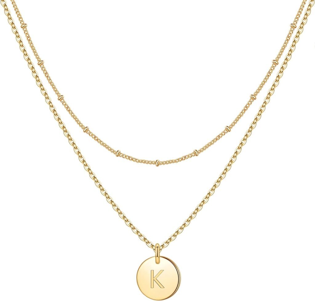 IEFWELL Initial Necklaces for Women Girls - Gold Silver Rose Gold Double Side Engraved Hammered Coin Necklaces Initial Necklace for Women Girls Jewelry Layered Initial Necklaces for Teen Girls Gifts