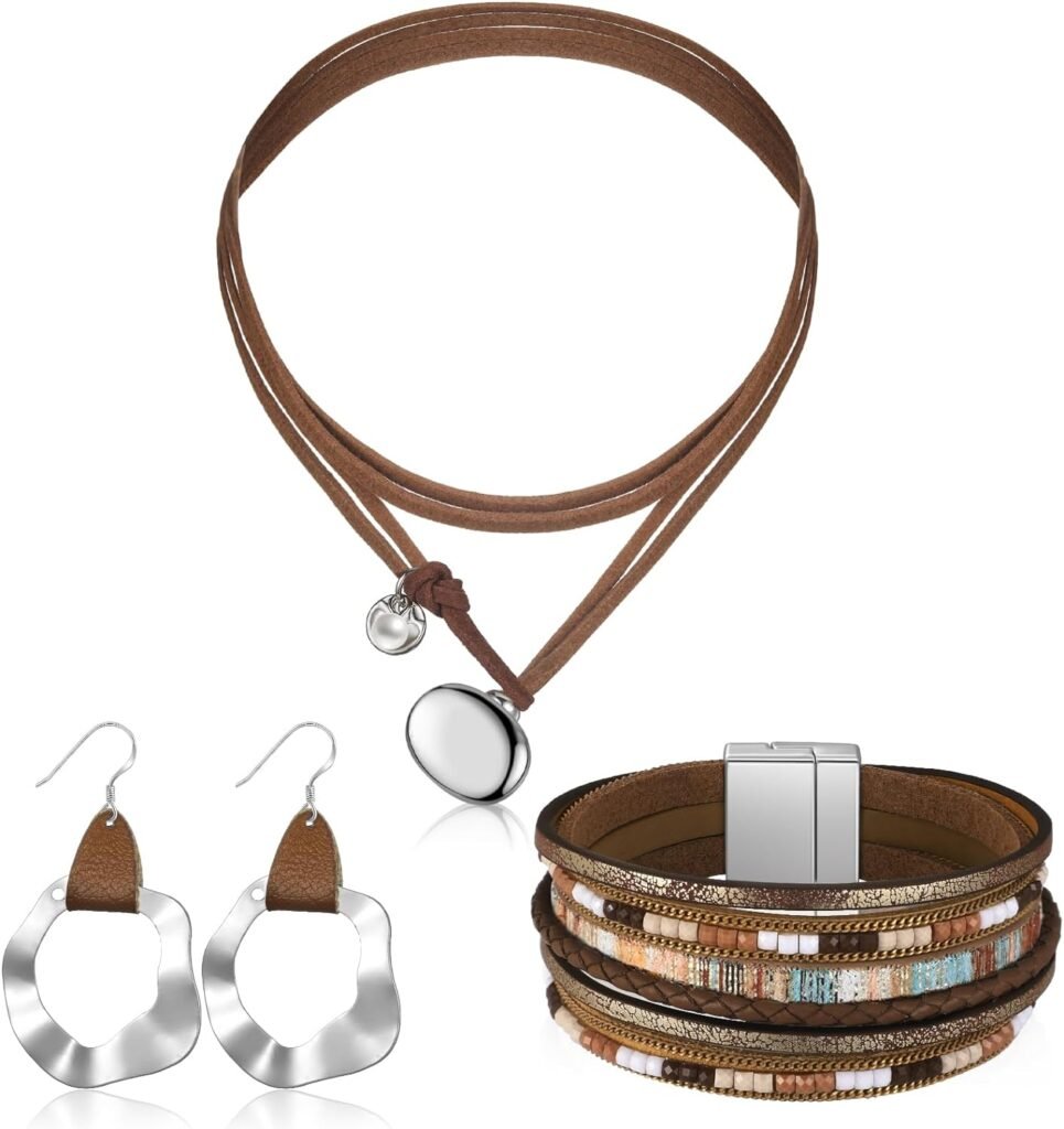 Inbagi 3 Pcs Western Jewelry for Women Bohemian Set, Boho Pendant Long Choker, Faux Leather Layered Bracelet, Dangle Earrings