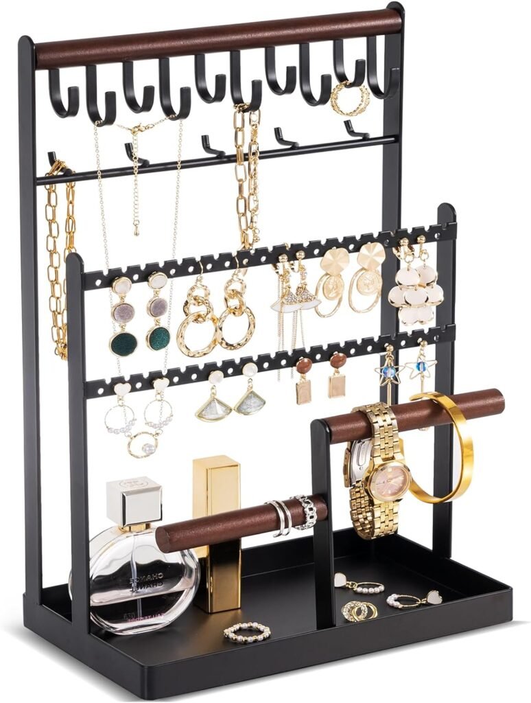 Jewelry Organizer Stand Necklace Organizer Earring Holder Mothers Day Gift, 6 Tier Jewelry Stand Necklace Holder with 15 Hooks, Jewelry Tower Display Rack Storage Tree -Black
