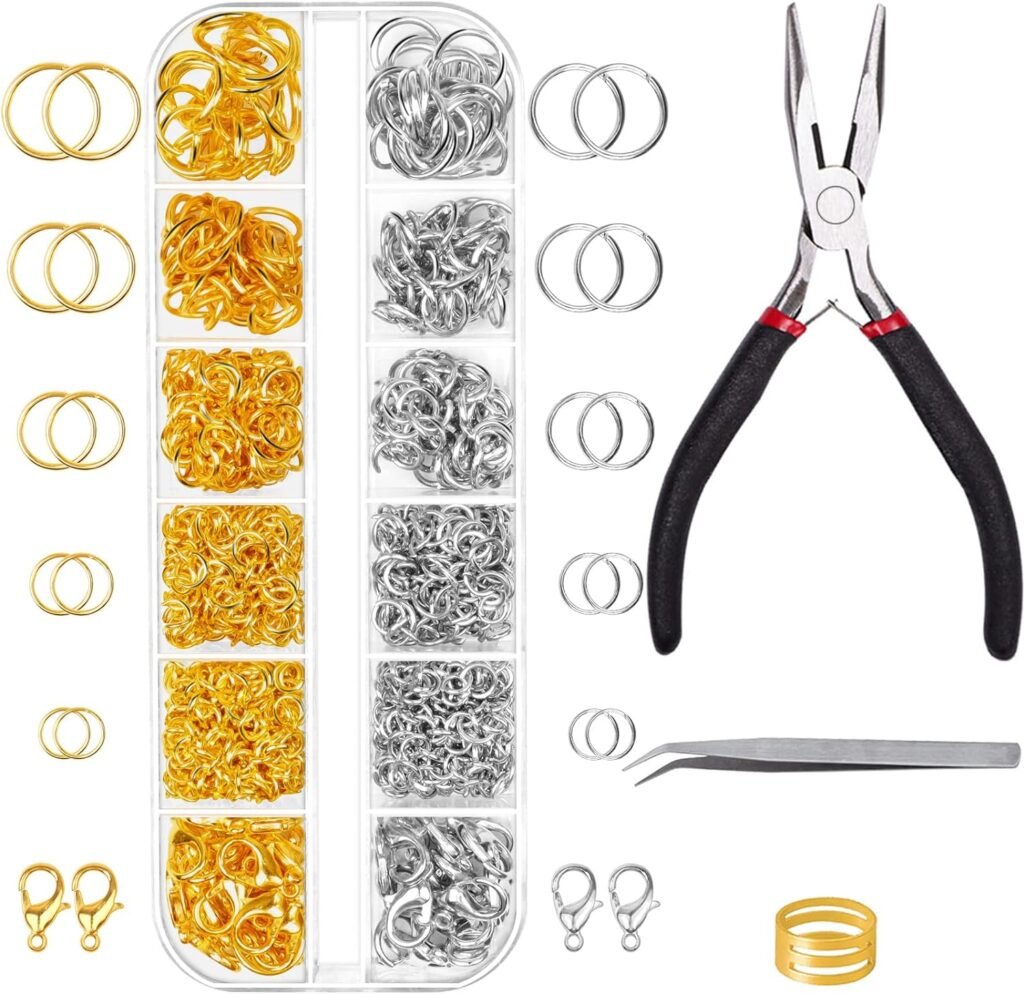 Jump Rings for Jewelry Making Kit, 1200 pcs Open Jump Rings Jewelry Repair Kit for Necklace Bracelet, Lobster Clasps and Closures Repair Supplies Kit with Pliers Tweezers (Gold/Silver)