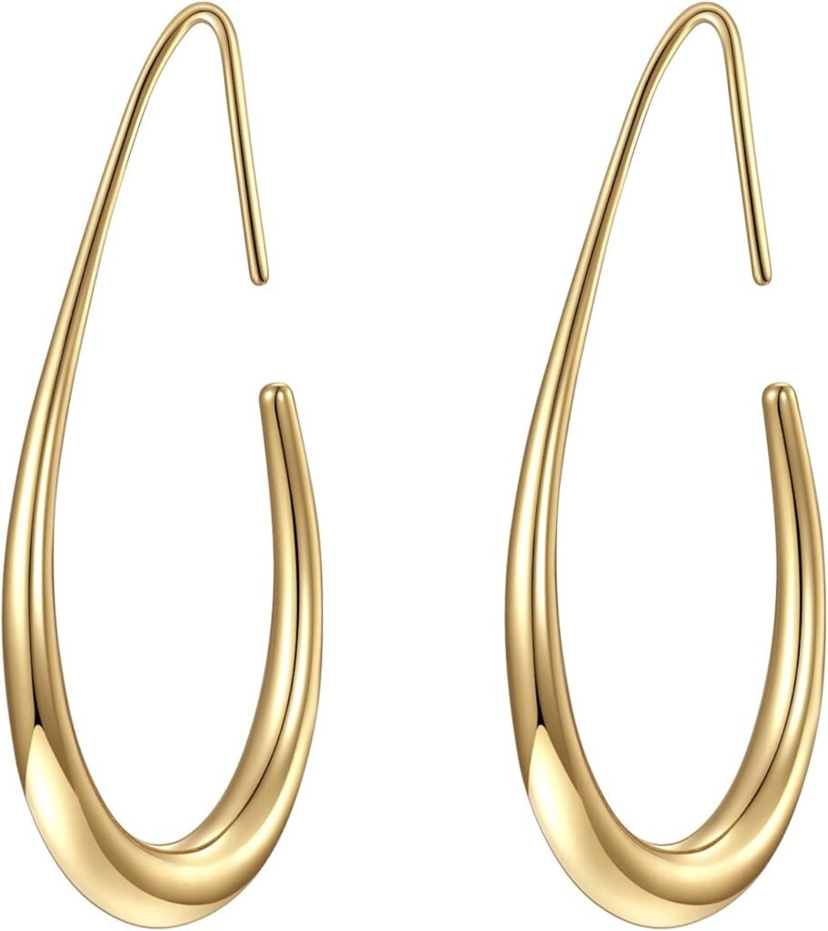 Lightweight Teardrop Hoop Earrings for Women - 14k Gold/White Gold Plated Large Oval Pull Through Hoop Earrings High Polished Statement Jewelry Gift for Women Teen Girls