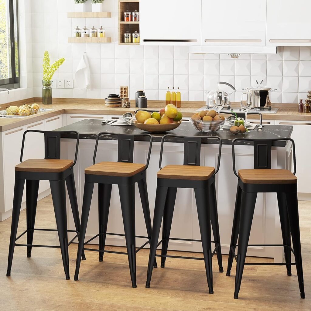 Metal Bar Stools Set of 4 Counter Height Bar Stools Barstools with Removable Back 26 Kitchen Bar Stools with Wooden Seat, Black