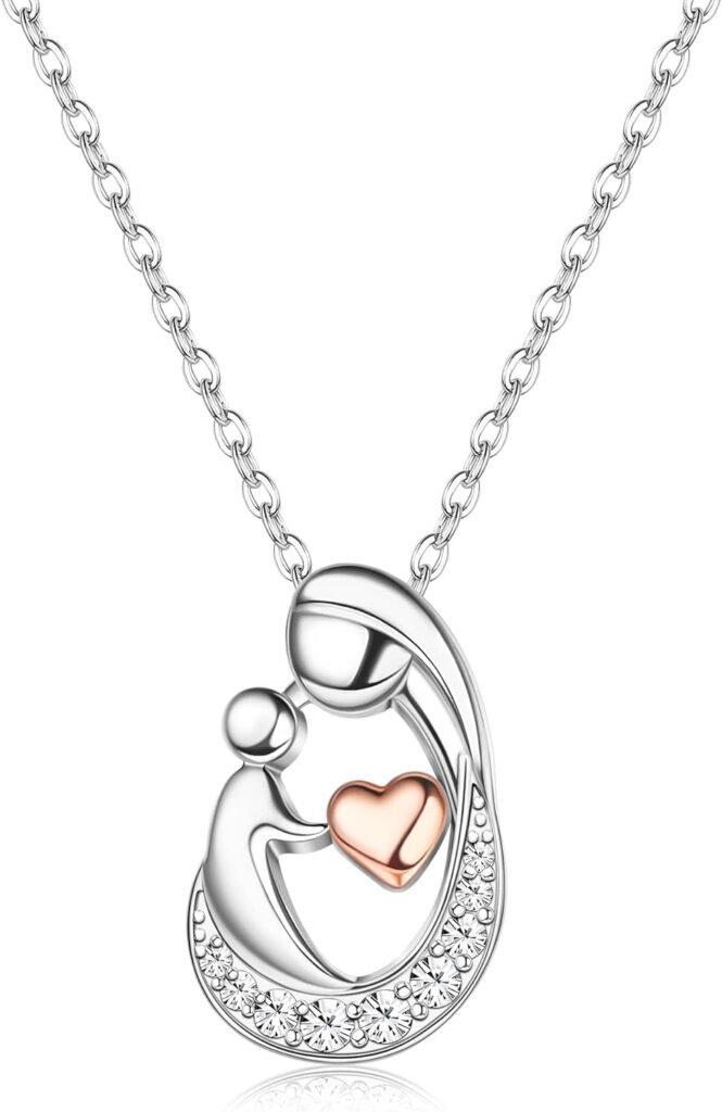 MILACOLATO Mothers Day Gifts S925 Sterling Silver Mother Daughter Necklaces 18K White Gold Filled Mom and Child Heart Birthstone Necklace Mom Pendant Necklaces for Mom New Mum Grandma Women Wife