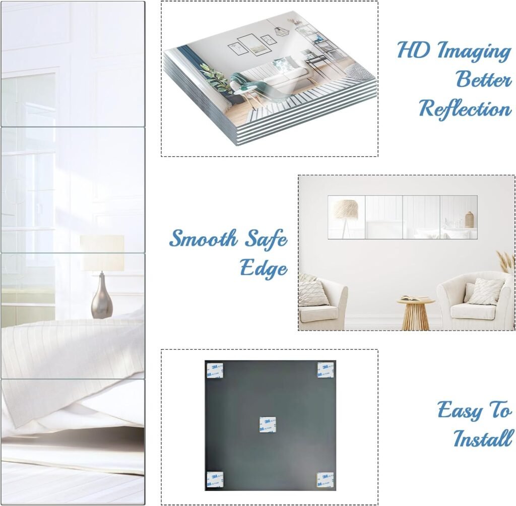 Mirror Tiles Home, 14 x 12 Frameless Wall Mounted Mirror(8Pcs), Glass Wall Mirror for Home Gym, Door, Bedroom, Living Room