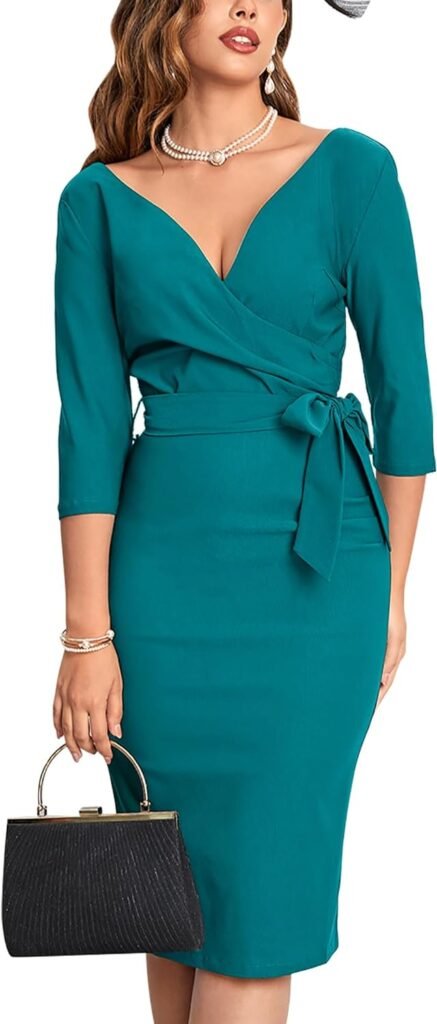 MUXXN Womens Vintage Faux Wrap V Neck 3/4 Sleeve Formal Classic Party Work Dress with Belt