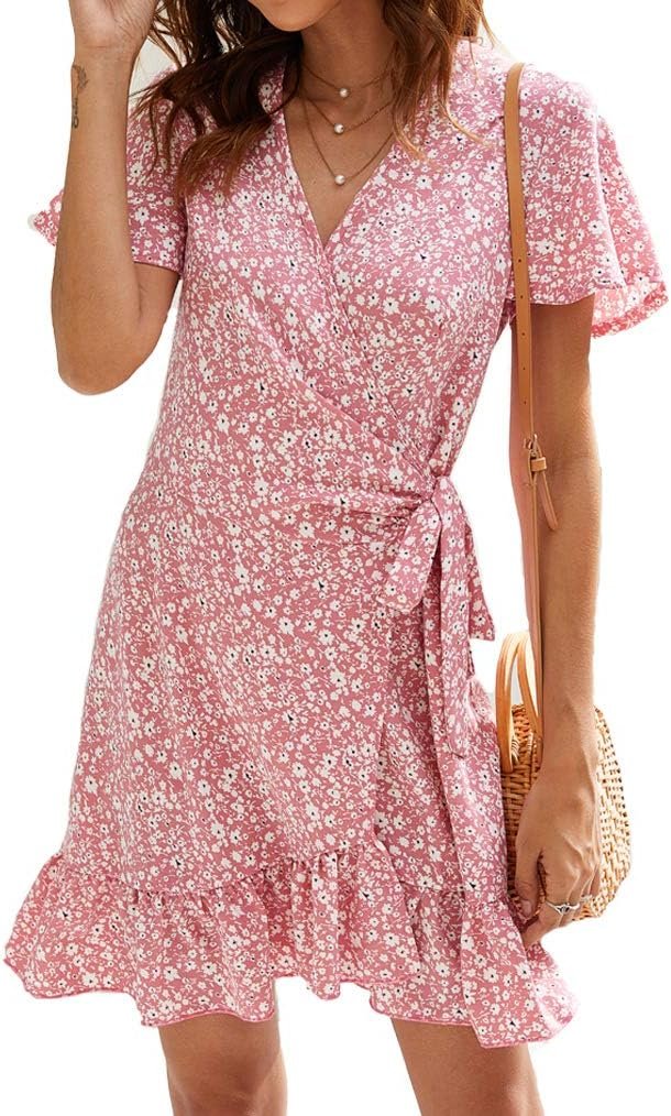 Naggoo Womens Summer Wrap V Neck Polka Dot Print Ruffle Short Sleeve Mini Floral Dress with Belt