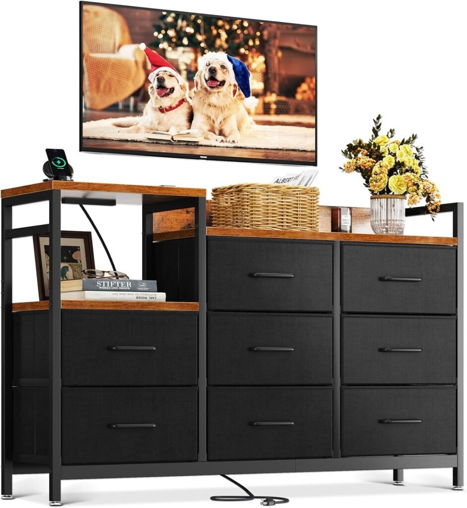 ODK TV Stand with Power Outlet, 52 Long TV Stand with 8 Large Fabric Drawers, Entertainment Center with Open Shelves for 55 Inch TV, Living Room, Vintage and Black