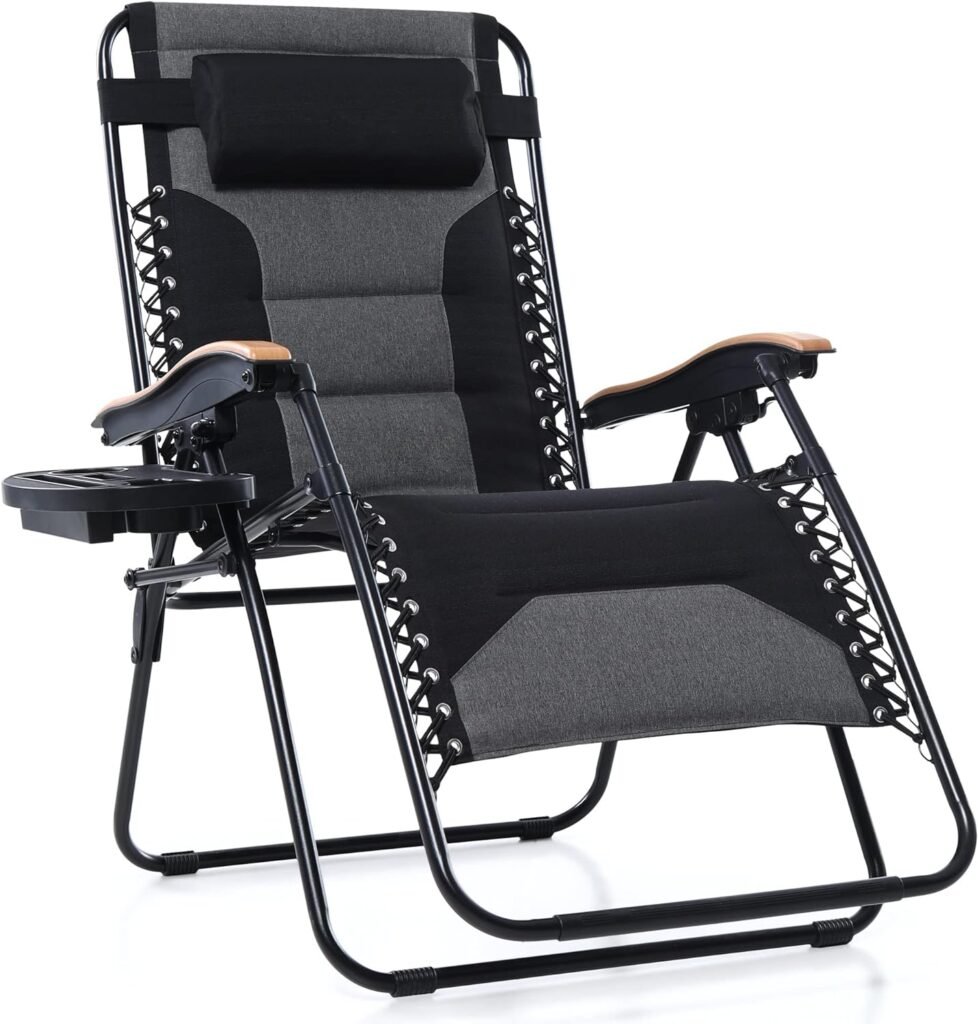 PHI VILLA XXL Oversized Padded Zero Gravity Chair, Foldable Patio Recliner, 30 Wide Seat Anti Gravity Lounger with Cup Holder, Support 400 LBS (Black)