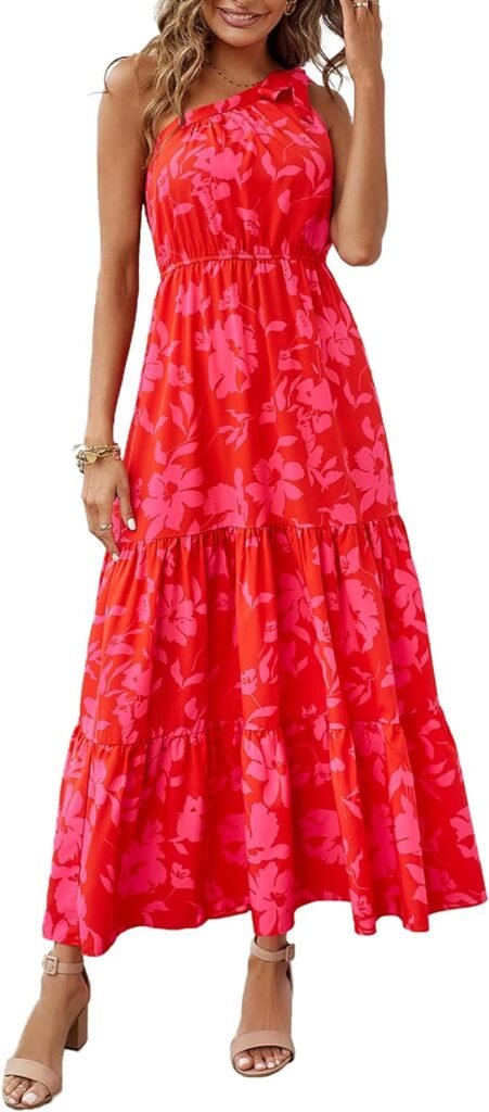 PRETTYGARDEN Womens Floral Maxi Dress 2024 Knot One Shoulder Sleeveless Ruffle Hem Flowy Boho Dresses