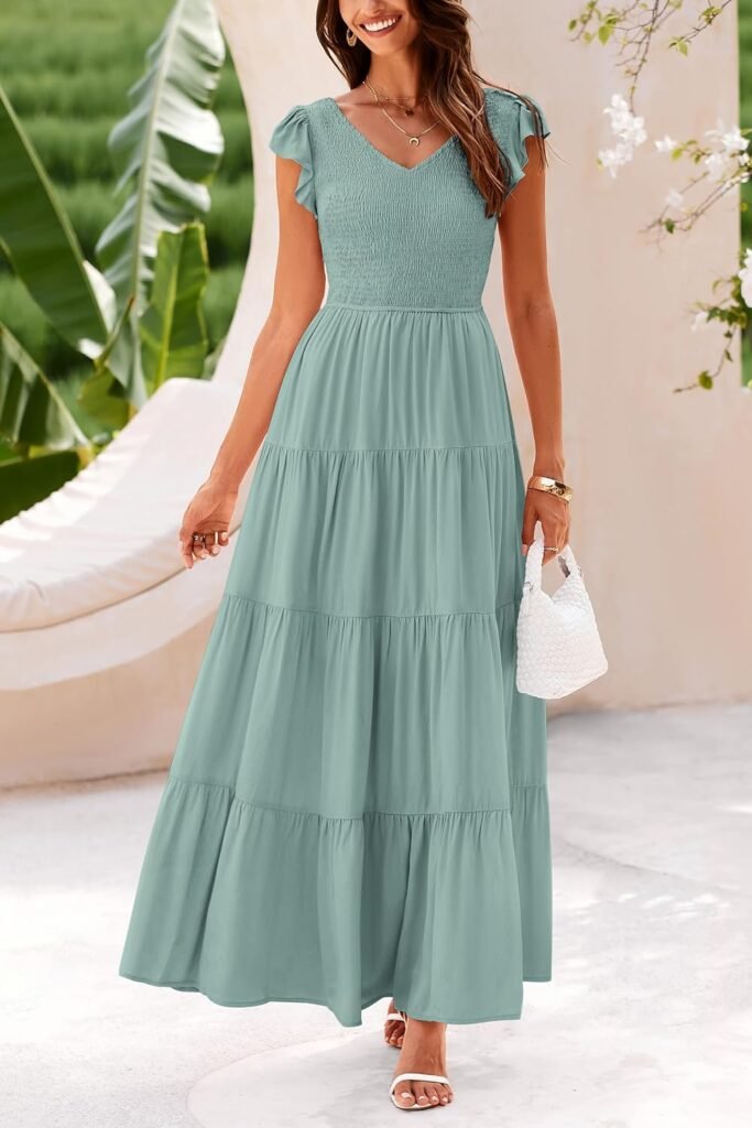 PRETTYGARDEN Womens Summer Flowy Maxi Dress Casual Cap Sleeve V Neck Smocked Beach Sundress