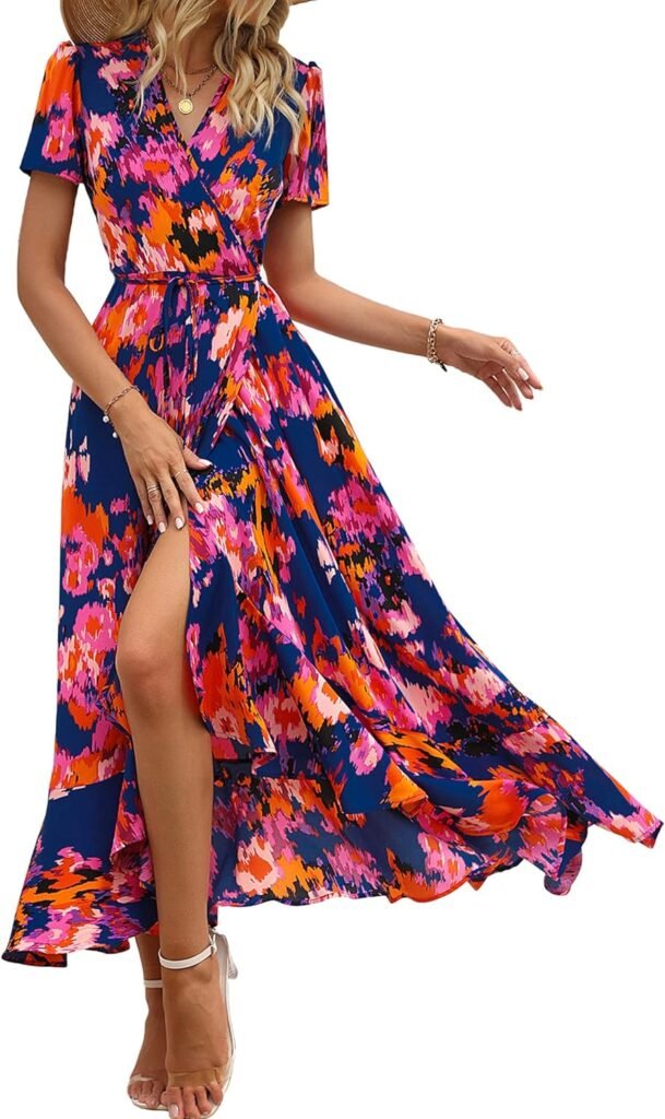 PRETTYGARDEN Womens Summer Wrap Maxi Dress Casual Boho Floral V Neck Short Sleeve Ruffle Hem Split Beach Long Dresses
